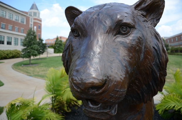 The Bronze Tiger's ferocious glare looks over Plaza Tiger. Cornell Hall rises to the Tiger's right. -- Ryan Levi/2014